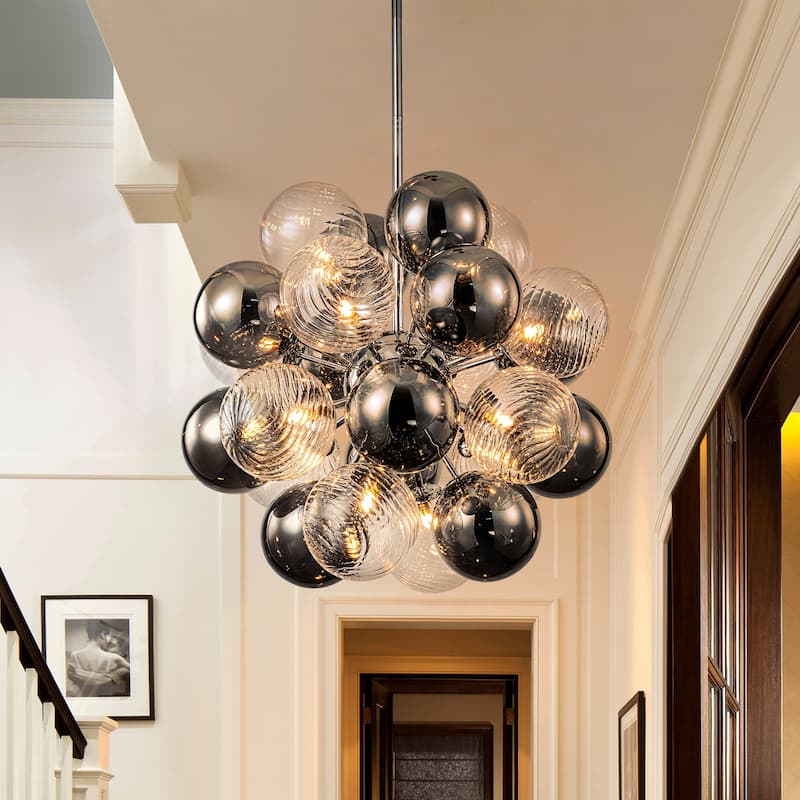 12-Light Modern Globe Glass Kitchen Island Pendant Sputnik Chandelier with Black Smoke Glass Globe - W24"