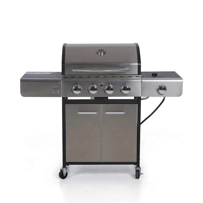 4-Burner Propane Gas Grill with Side Burner & Porcelain Cast Iron Grates, 42,000 BTU Stainless Steel - Silver
