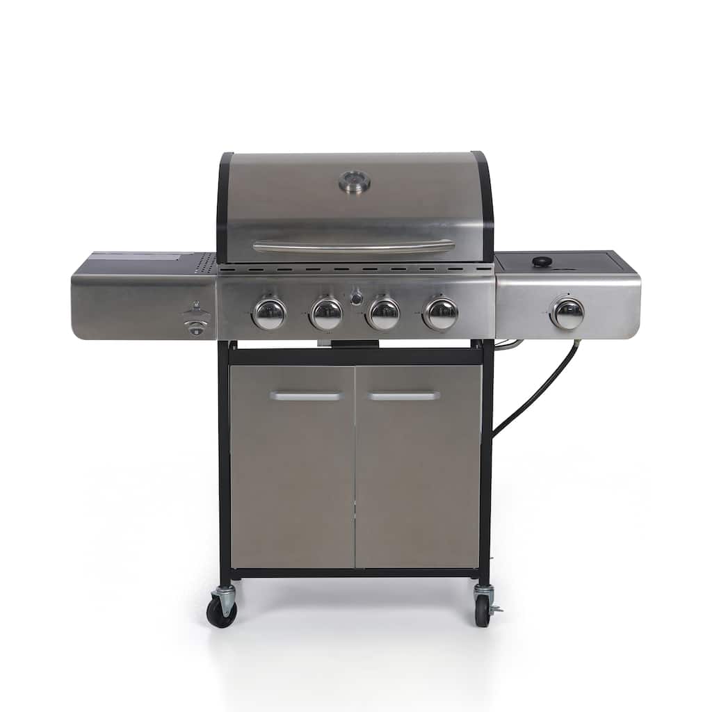 4-Burner Propane Gas Grill with Side Burner & Porcelain Cast Iron Grates, 42,000 BTU Stainless Steel