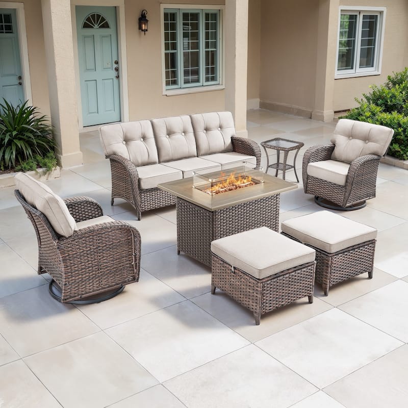 TWrap Wicker Patio Fire Pit Conversation Set with 3-Seat Sofa & Swivel Gliders