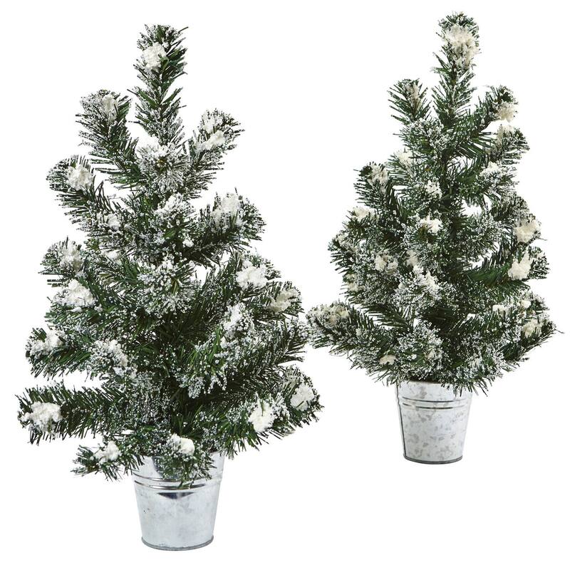 Snowy Pine Trees Set of 2 - 18 Inch Farmhouse Mini Christmas Trees with Planters - 1.5ft.