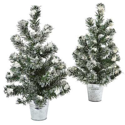 Snowy Pine Trees Set of 2 - 18 Inch Farmhouse Mini Christmas Trees with Planters - 1.5ft.