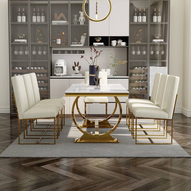 White and Gold Dining Room Table Set with 72 inch Table and White PU Leather Dining Chairs