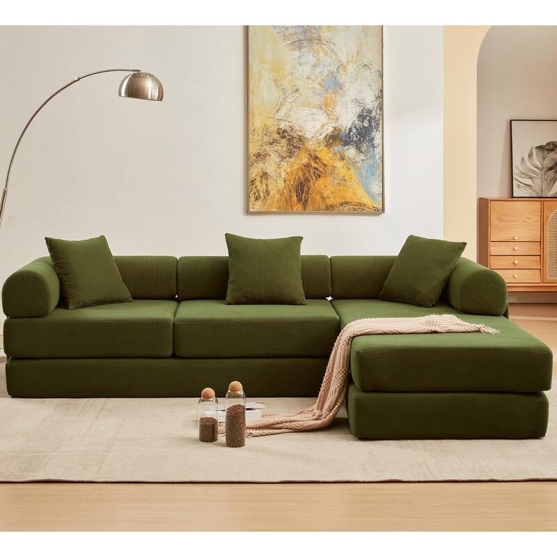 107'' L-Shaped 7-in-1 Corduroy Modular Sectional Sofa Bed, 4-Seat, Green
