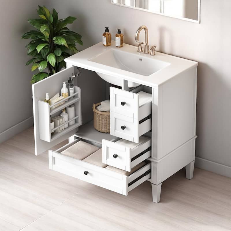 30 Inch Bathroom Vanity with Sink, Solid Wood and MDF Cabinet with 3 Drawers, Porcelain Countertop, Modern Style