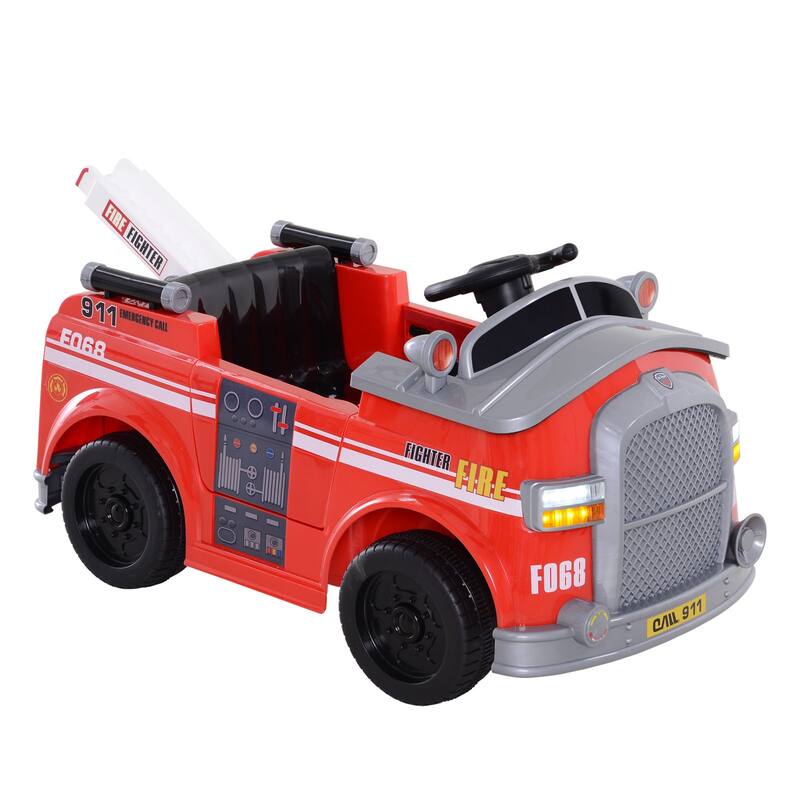 Realistic Ride on Fire Truck with Lift, Red Electric Car Toy with Seat Belts, 12V Electric Vehicle with Front and Rear Lights