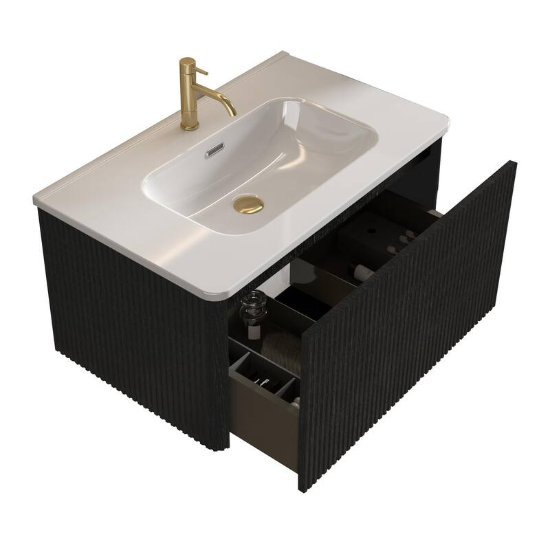 36" Etna Floating Vanity with White Ceramic Sink, Striped Black Oak Texture, Curved Edges