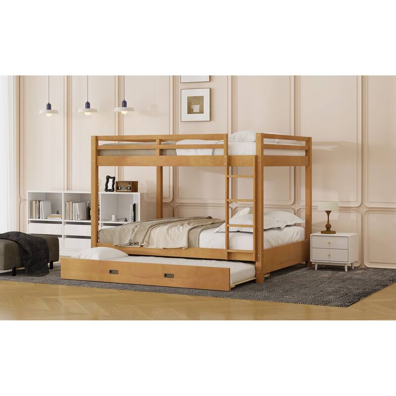 Roomfitters Queen Over Queen Wood Bunk Bed with Twin XL Trundle, Ladder and Guardrails, Natural