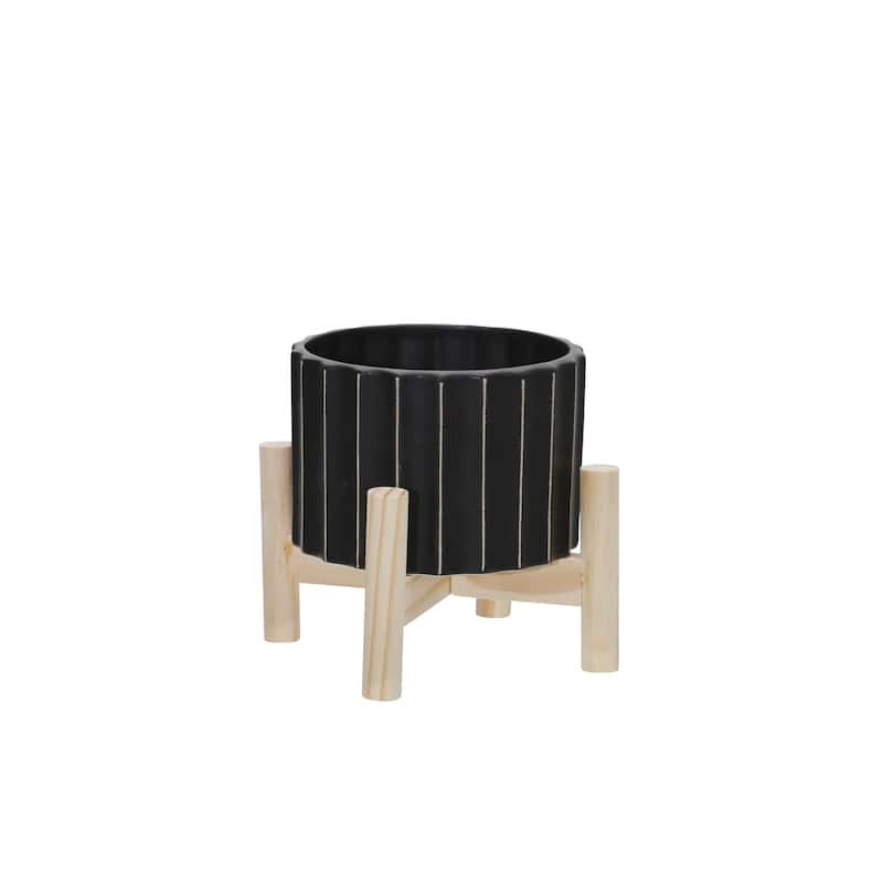 Sagebrook Home Black and Striped Planter with Wooden Base - 6"x6"x6" - Black