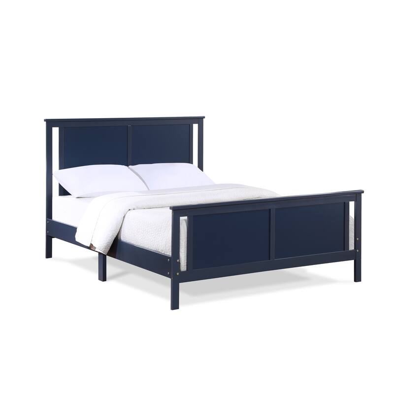 HomeRoots Blue and Walnut Reversible Inlaid Panels Solid Wood Full Bed Frame