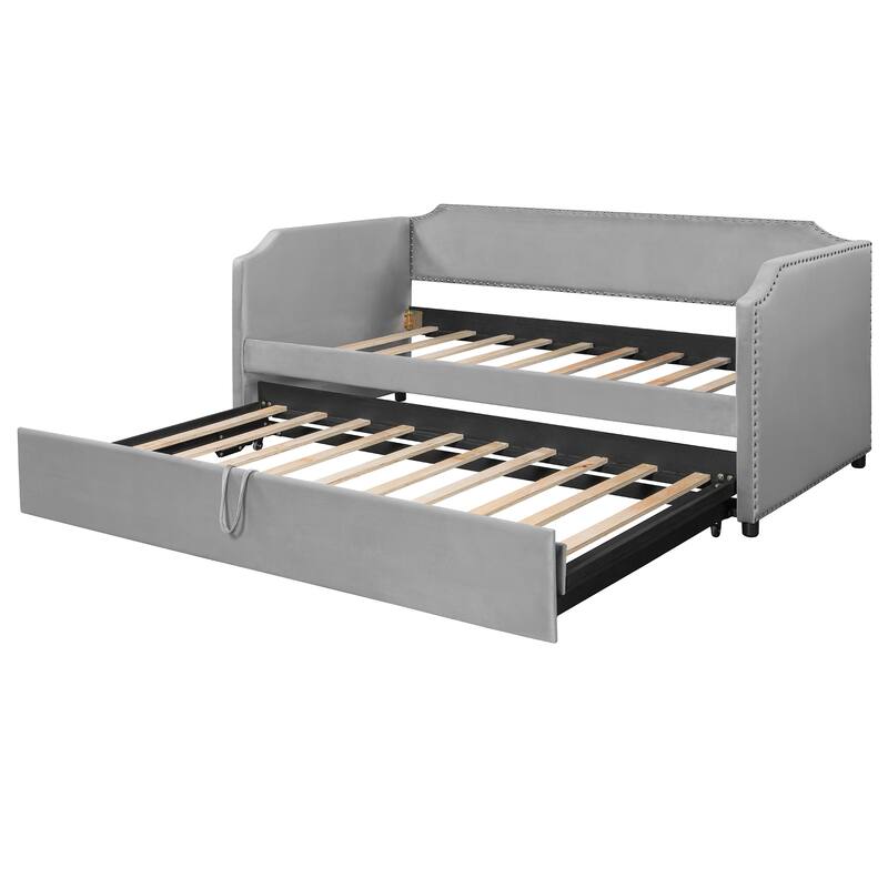 Upholstered Daybed Twin Size Daybed with Pull-Out Lift-Up Trundle and Nailhead Trim Armrest Velvet for Bedroom Apartment
