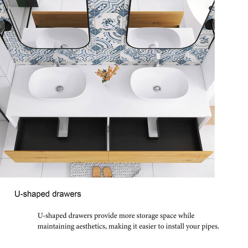 Floating Bathroom Vanity with Solid surface Top in F.OAK and Matte White