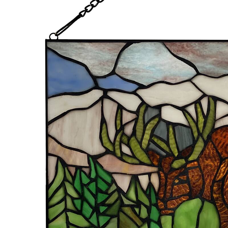 River of Goods Mountainscape Moose River of Goods Brown, Blue and Green Stained Glass Window Panel - 18.25" x 0.25" x 12"