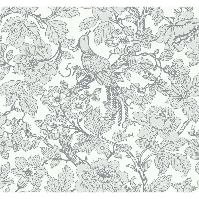 A-Street Prints Beaufort Light Grey Peony Chinoiserie Wallpaper