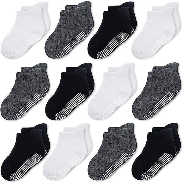 slide 2 of 6, CozyWay Ankle Grip Socks Black/White/Dark Gray - 12 pair, 0-6 Months, Unisex