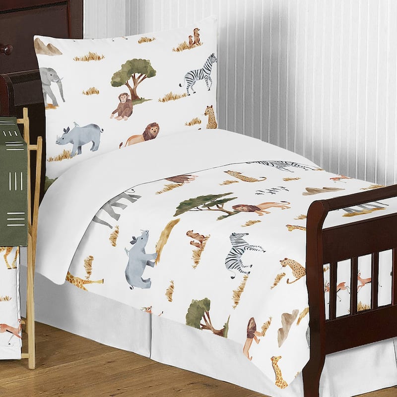 Jungle Animals 5pc Toddler Comforter Set Hunter Green Yellow Grey Black and White Wildlife Safari Elephant Giraffe Lion Monkey