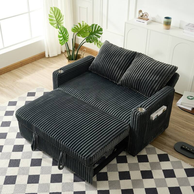 Corduroy Sleeper Sofa w/ USB Ports, Convertible Pull-Out Sofa Bed, Modern Sleeper Couch Loveseat w/ 2 Pillows & Pocket