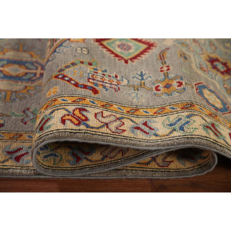 Geometric Kazak Runner Rug Handmade Grey Wool Carpet - 2'8" x 16'3"