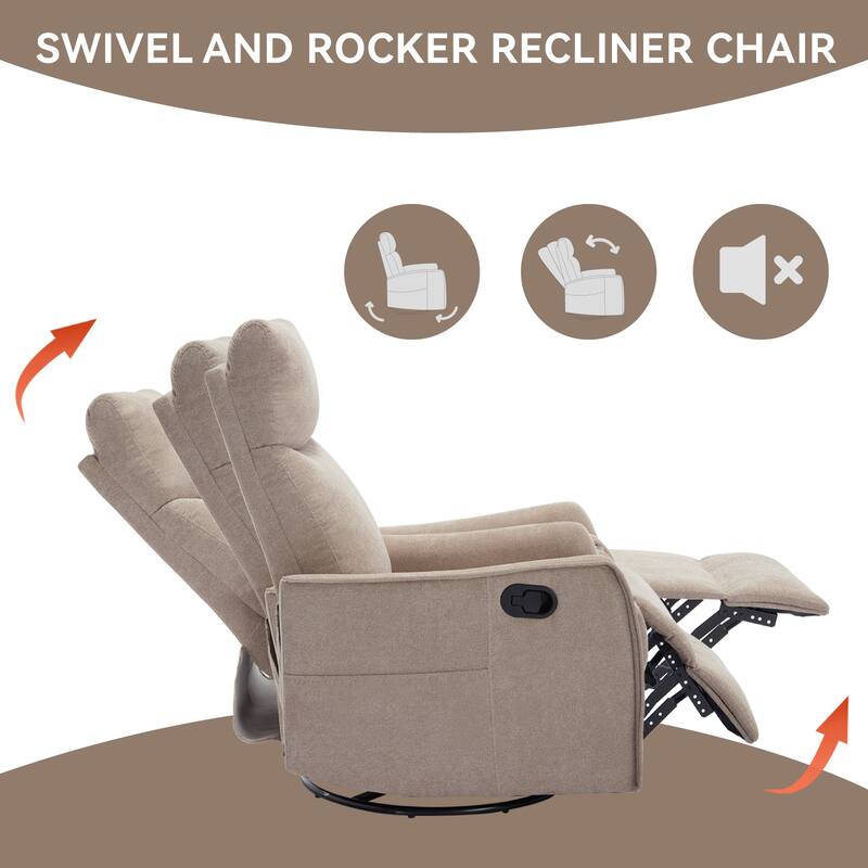 Roomfitters Swivel Rocker Recliner Chair, Manual Massage Glider Armchair with Heat & Vibration, Fabric Living Room Sofa