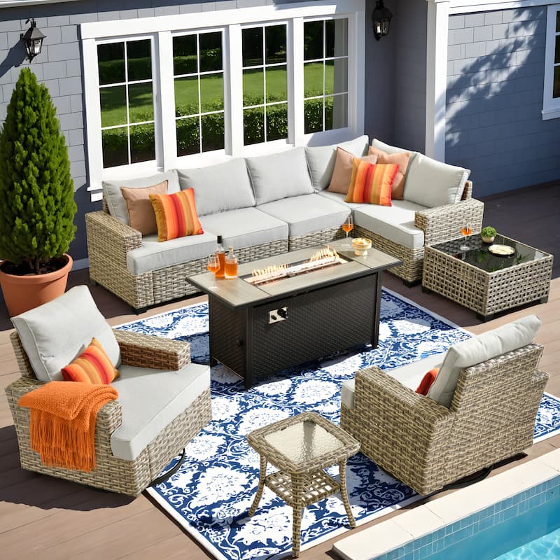 OVIOS 10 Pieces T shaped Seat Wide Armrest Swivel Chair Set With Solar-Powered Table&Fire Pit - NavyBlue