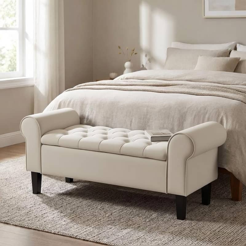 Upholstered Velvet Storage Ottoman Bench with Lift-Top Storage and Solid Rubberwood Legs - Beige