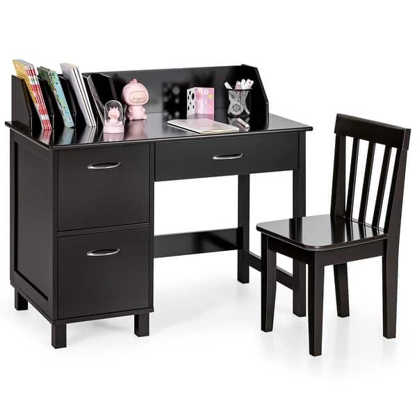 slide 2 of 30, Costway Kids Wooden Study Desk & Chair Writing Table w/Drawer Storage Dark Brown