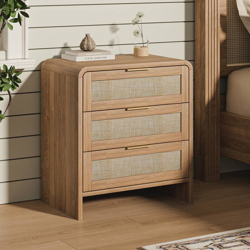 Rattan Nightstand with 3 Drawers, 22.8" Wide Curved Wooden Bedside Table, Modern Storage for Bedroom