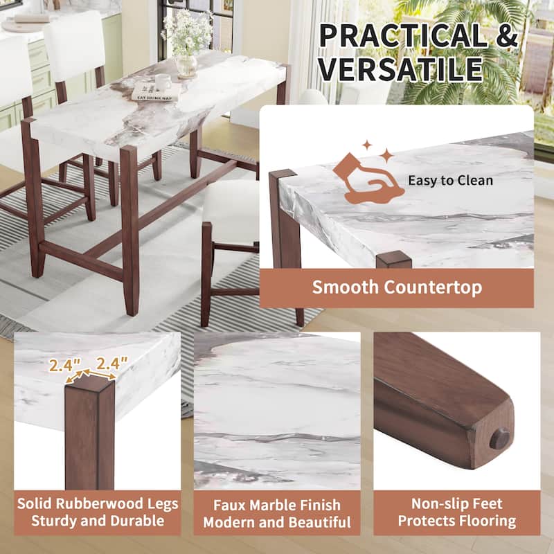 Counter Height Table, 47.5 Inch Faux Marble Finish Bar Dining Table, Modern Bar Tall Dining Table