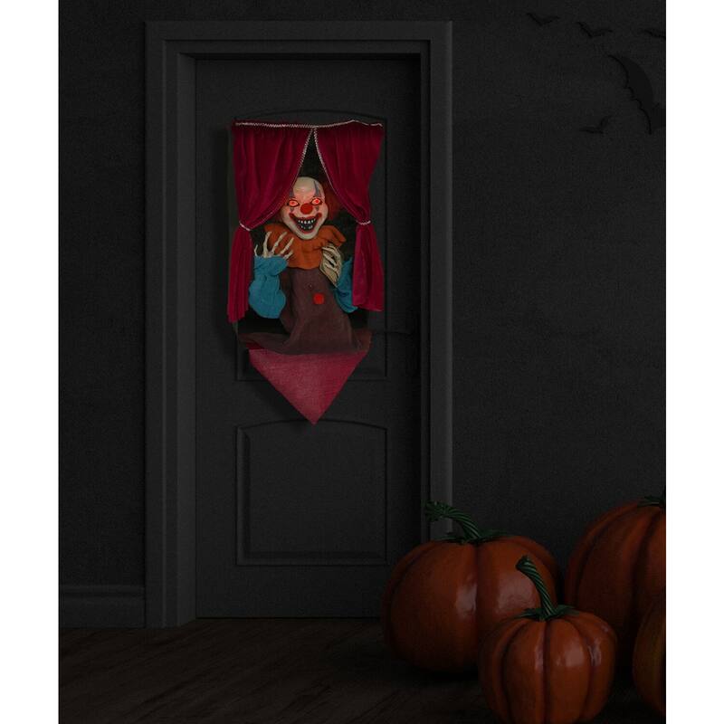 Haunted Hill Farm Animatronic Clown, Indoor/Outdoor Halloween Decoration, Flashing Red Eyes, Talking, Battery-Operated