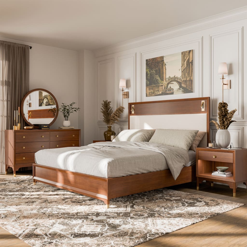 Furniture of America Forma Mid-Century Modern 5-Piece Walnut Solid Wood Platform Bedroom Set