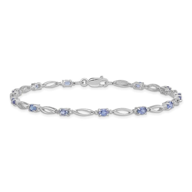 Curata 925 Sterling Silver Polished Lobster Claw Closure Rhodium Plated Diamond and Tanzanite Bracelet