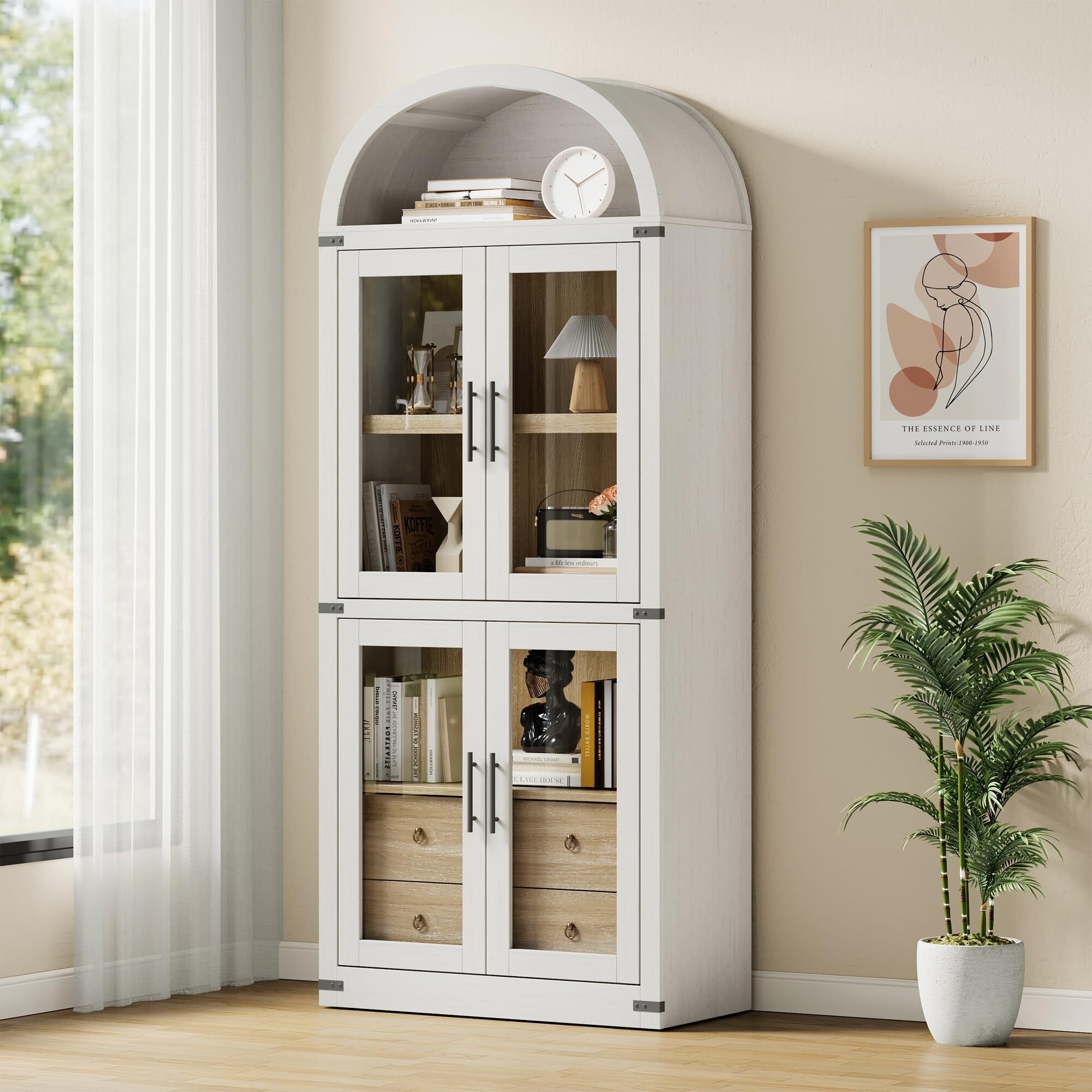 71.4" Tall Farmhouse Arched Bookcase with Doors and Drawers, 15.8" Depth Display Cabinet Storage Shelves