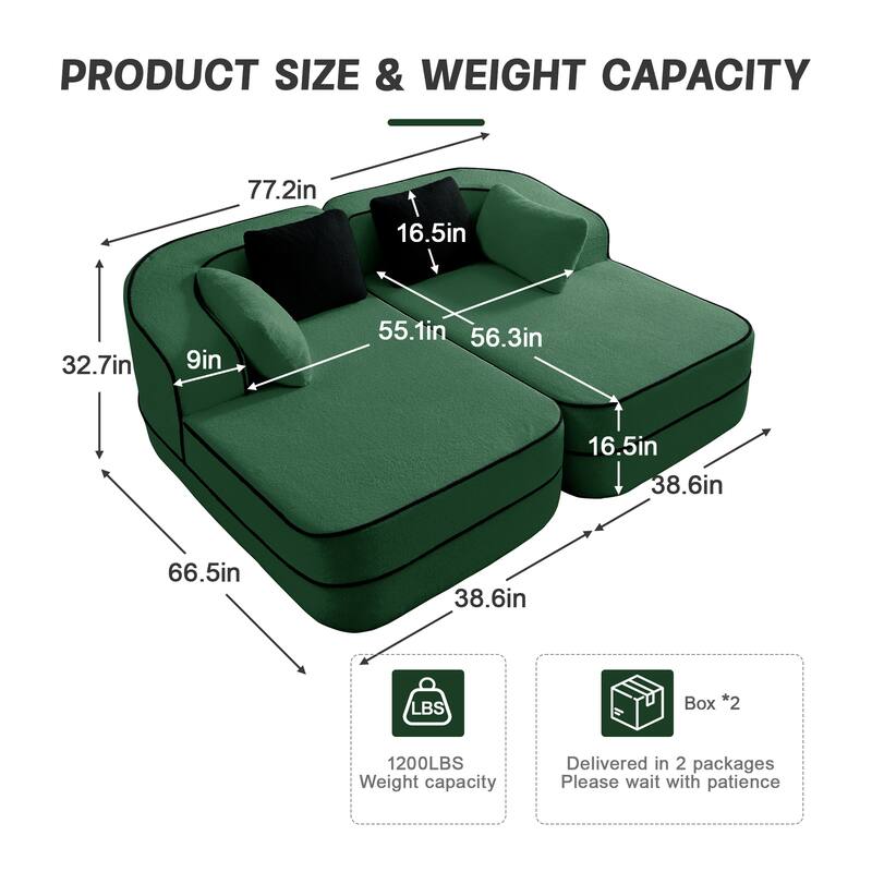 Roomfitters 77" Teddy Fabric Boneless Sofa, No Assembly Modular Couch with Double Chaises