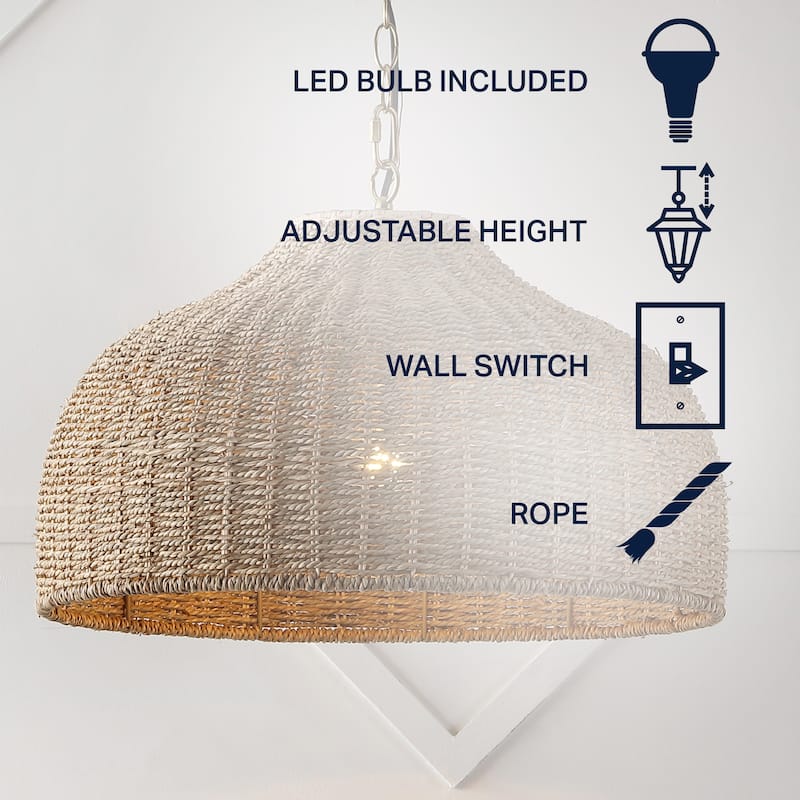 Lacey 20" 1-Light Coastal Bohemian Rattan/Iron Dome LED Pendant, Brown/Brass Gold by JONATHAN Y
