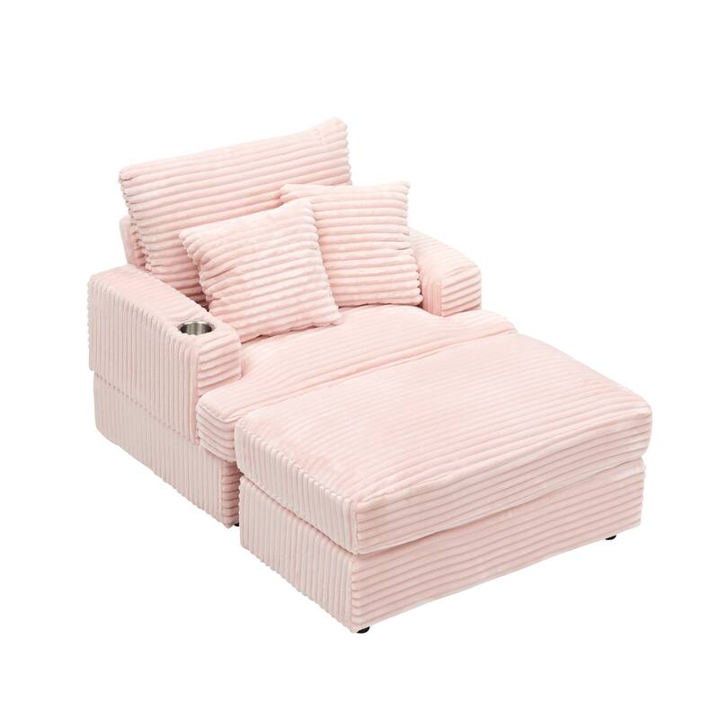39-inch Pink Corduroy 1-Seater Spring Upholstered Armchair and Ottoman Set with Cup Holder