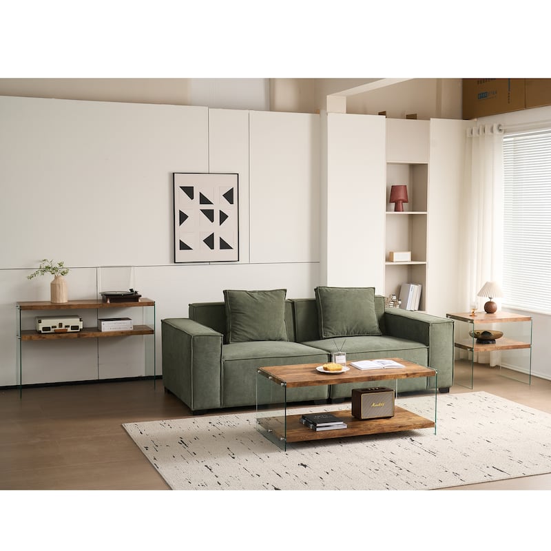Engineered Walnut MDF Console Table - Tempered Glass Top & Spacious Design‌