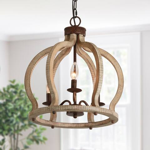 Oaks Aura French Country 3-Light Crown Wood Chandelier Farmhouse Rustic Wood Lighting