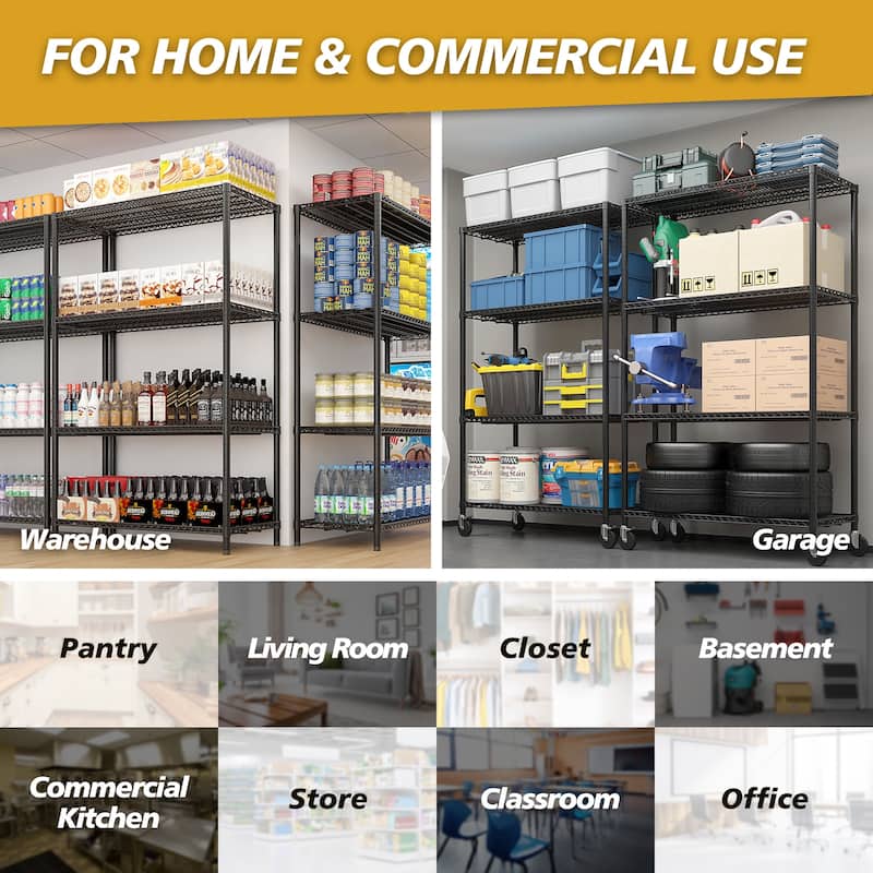 Black Adjustable 4-Layer Metal Storage Rack with Lockable Casters for Home and Commercial Use