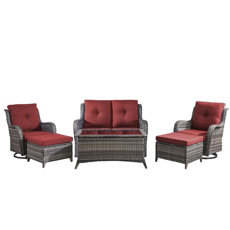 Pocassy Outdoor 6 Pieces 2-Seat Sofa Swivel Chairs Table Ottoman