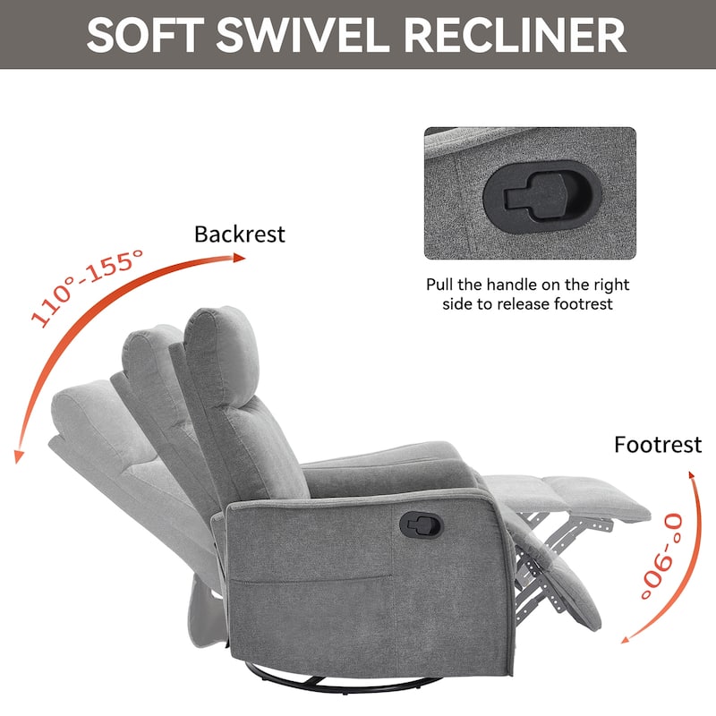 8 Point Massage Manual Recliner Chair Fabric Swivel Rocking Chair Single Sofa Armchair with Rocker and Lumbar Heating