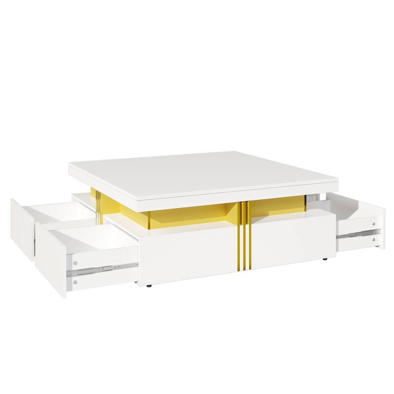 43.3" Modern Square Coffee Table with 4 Hidden Drawers, Glossy Living Room Table with Gold Accents, Space-Saving Storage Table