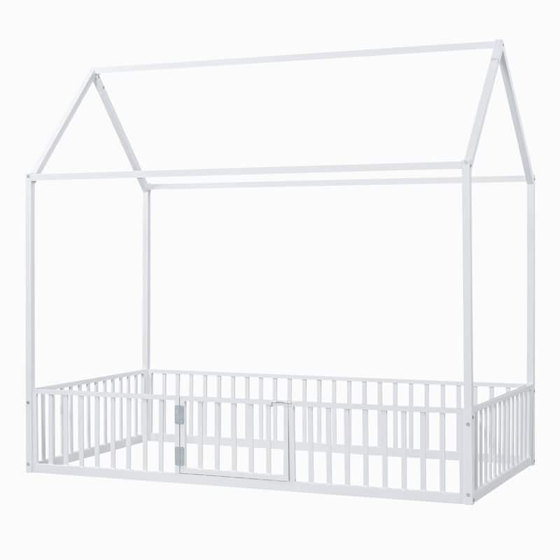 Roomfitters Twin/Full Size Metal House Bed Frame with Fence and Door Design for Bedroom Storage