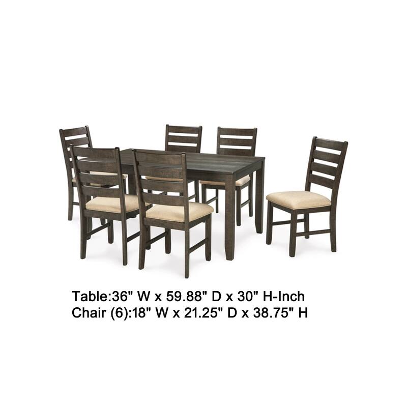 Ane 7pc Dining Table Set, Cream Upholstered Chairs, Rough Sawn Brown