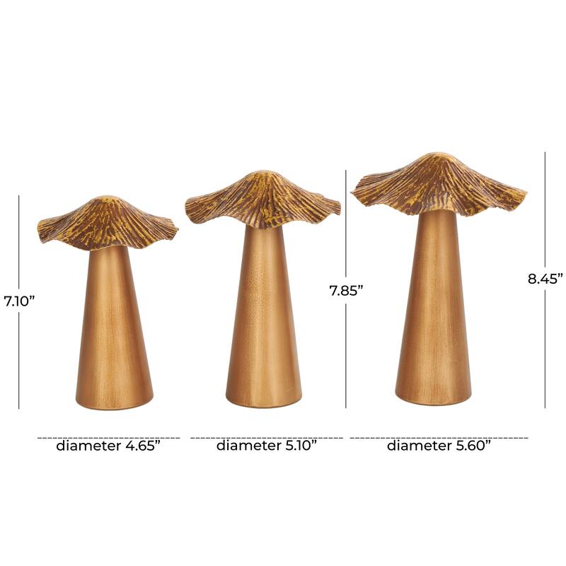 Bronze Metal Mushroom Decorative Sculpture with Textured Tops (Set of 3)