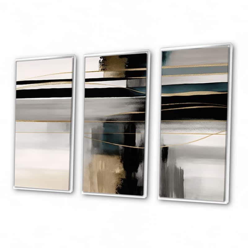 Designart "Abstract Geode Geometric Black And Gold III" Modern Geometric Framed Canvas Art Print - 3 Panels