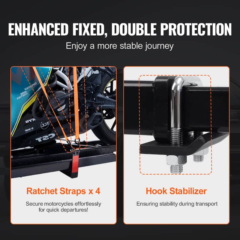 Motorcycle Carrier with Ratchet Straps and Stabilizer, for Car, Truck with 2" Hitch Receiver - 600LBS 7.87"-19.7"