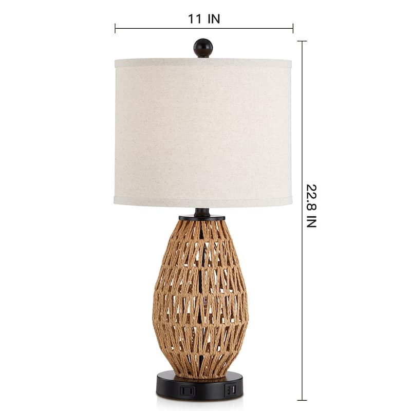 Brown Rattan Woven Table Lamp with 3-way Touch Dimming Switch USB Charging Ports and AC Outlet