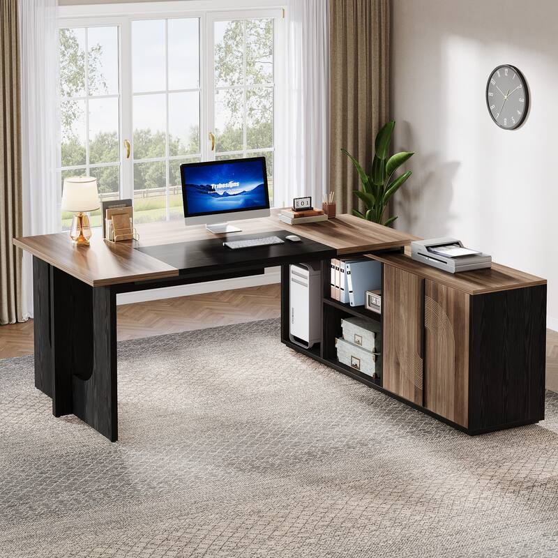 74.8-Inch L Shaped Executive Desk, Large Office Computer Desk with Cabinet and Shelves for Home Office