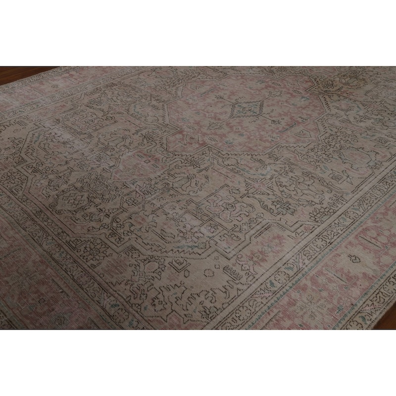 Geometric Beige Tabriz Persian Vintage Rug Hand-Knotted Wool Carpet - 7'10" x 11'0"