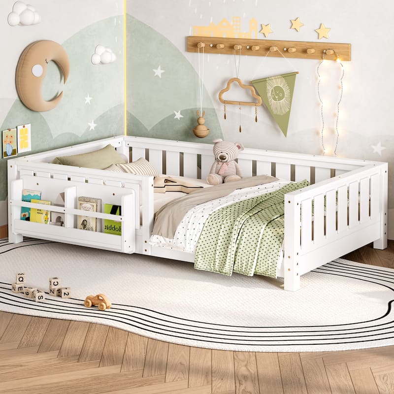 Montessori Floor Bed Low Profile Kids Bed with Rails & Bookshelf - White - Twin